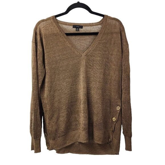 J Crew Women's Brown V-neck sweater side buttons linen blend L5608 Medium - Picture 1 of 16